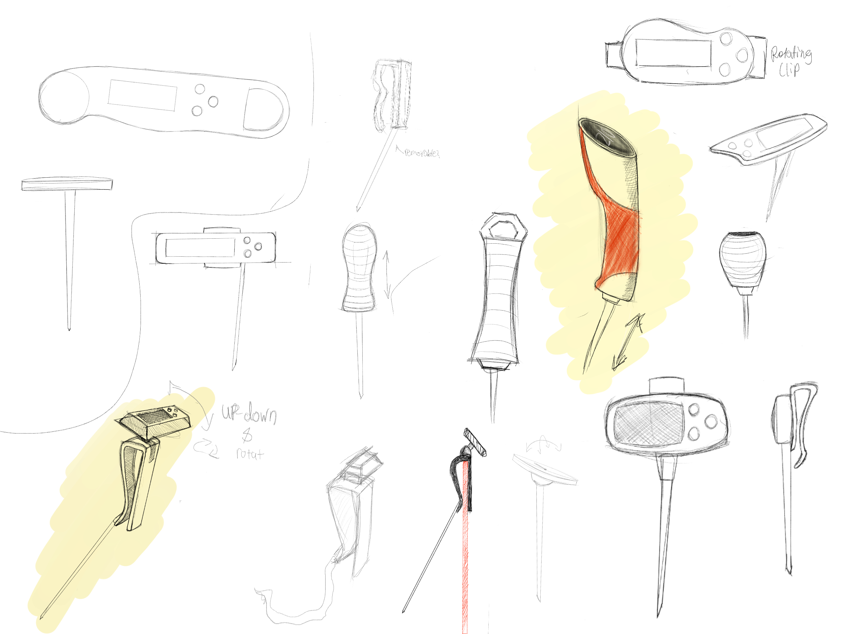 DONE. ideation sketches — second spread showing clip-on, rotating clip, and handle form directions