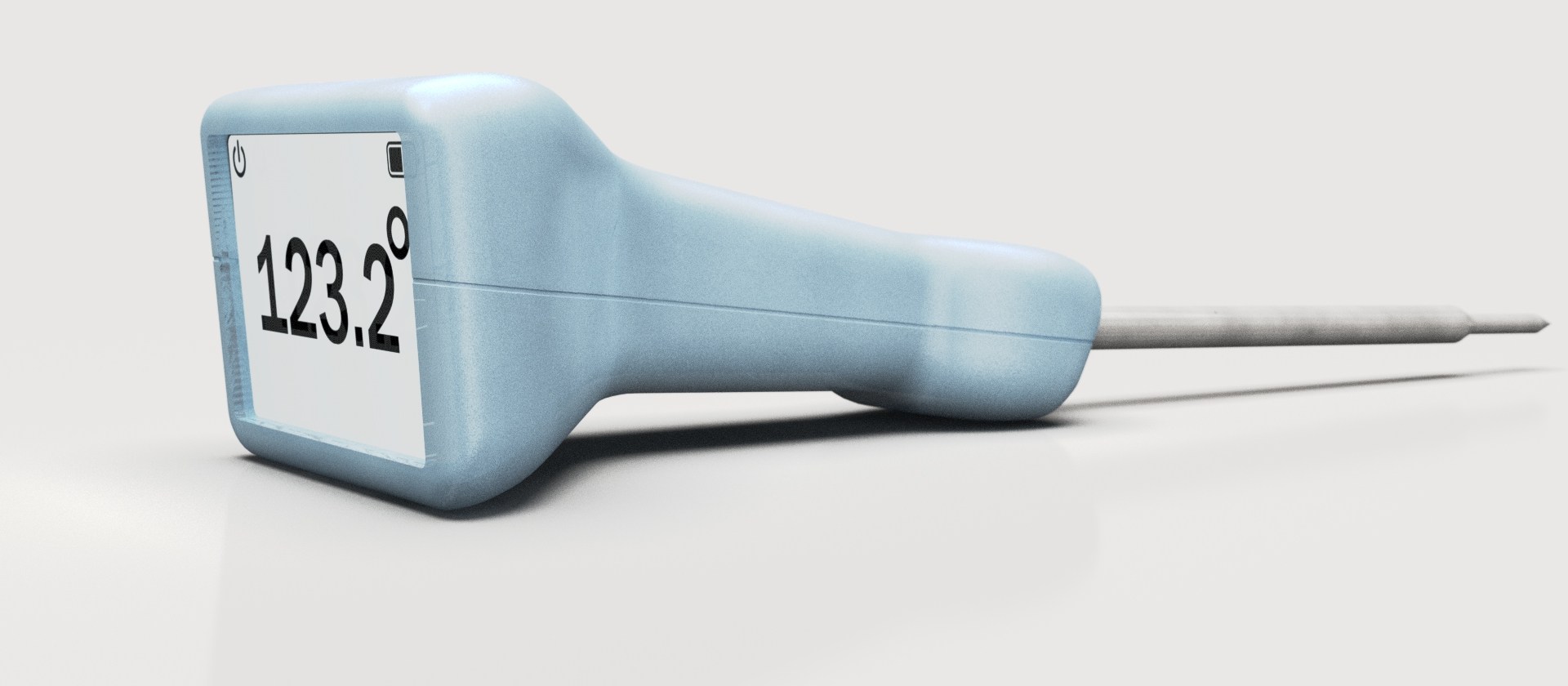 DONE. light blue colorway — 3/4 angle studio render showing display face and probe