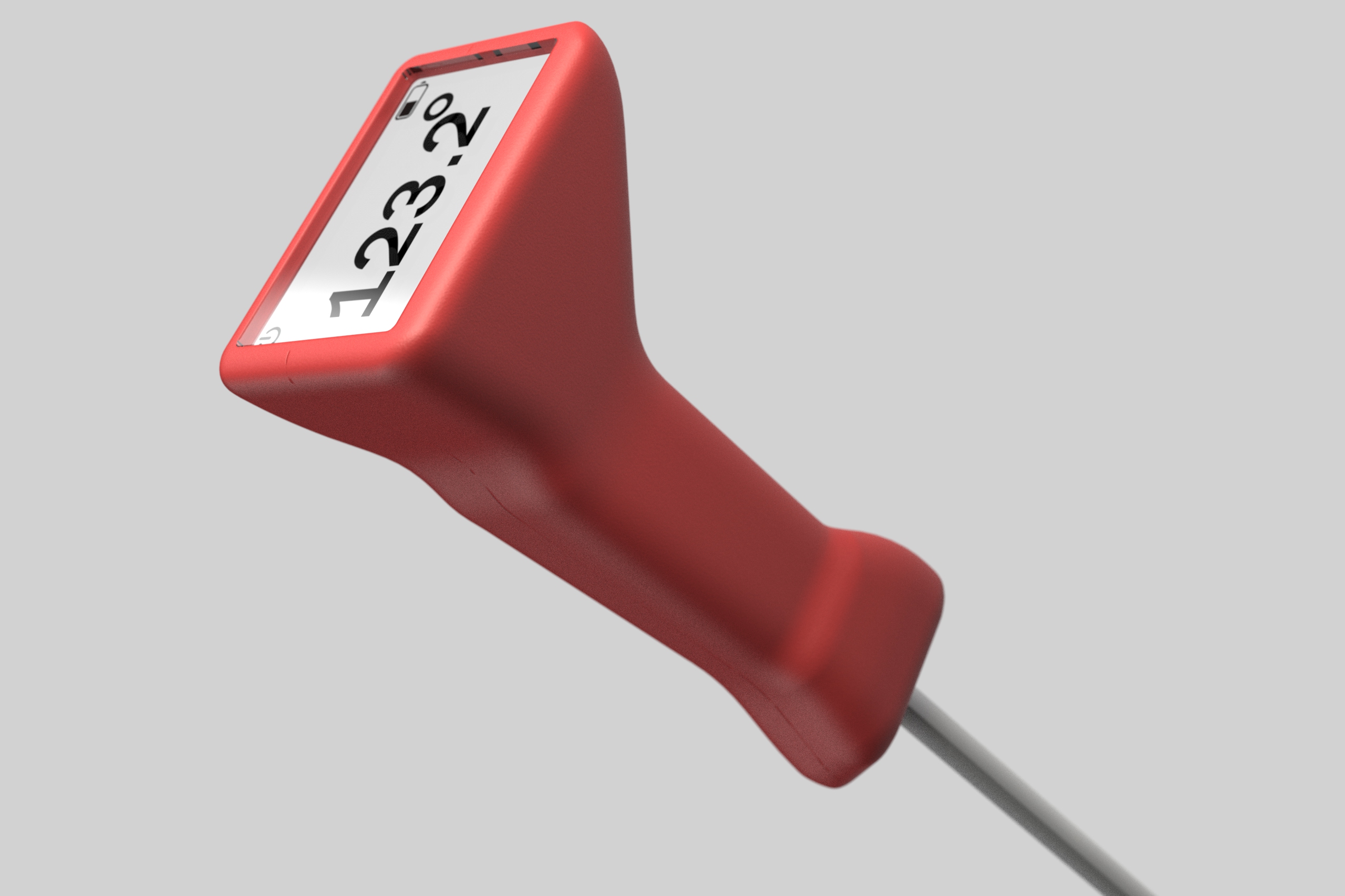 DONE. red thermometer — close-up of the angled display head and ergonomic handle waist