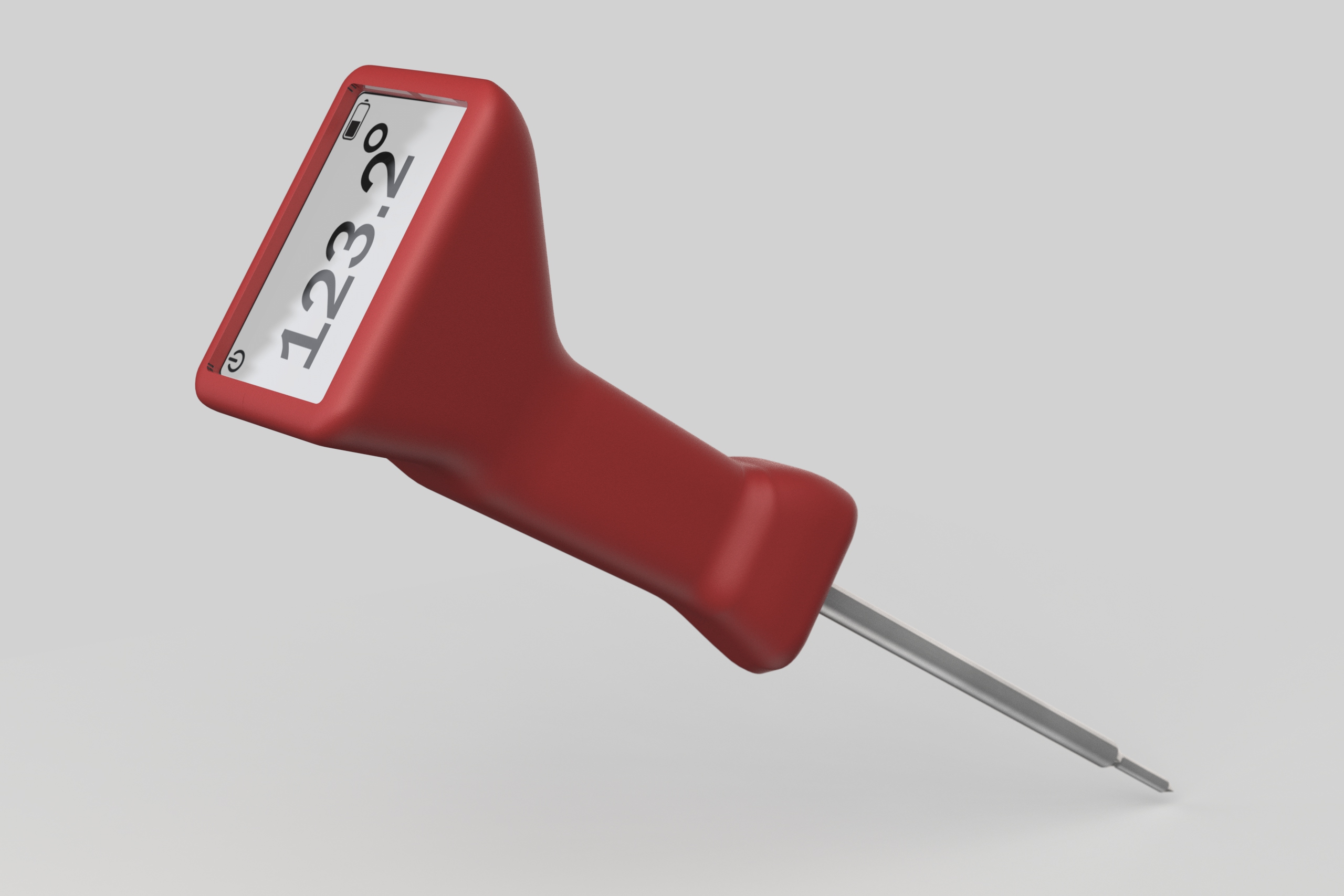 DONE. red thermometer — full floating studio render showing the handle, square display face, and complete stainless steel probe at full extension