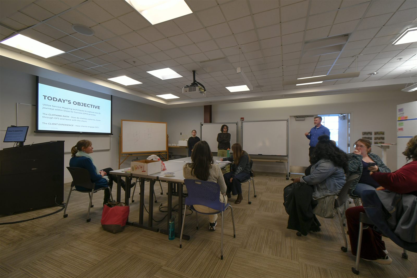 Workshop opening — TODAY'S OBJECTIVE on projector, studio kickoff