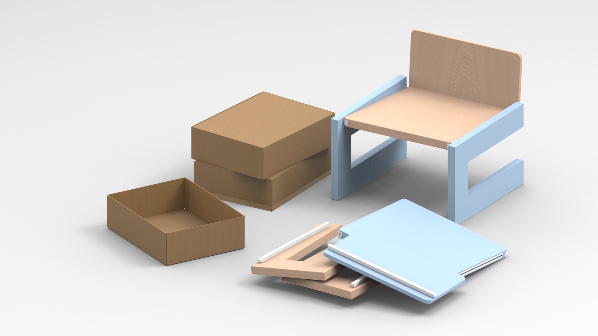 Chair system disassembled — modular components and flat-pack boxes