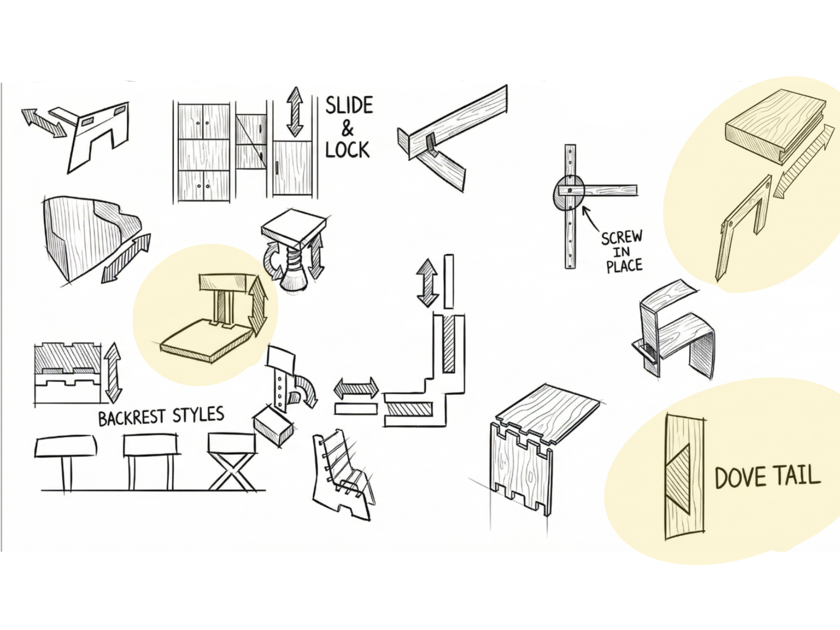 Connector ideation sketches — slide-lock, dovetail, peg-socket
