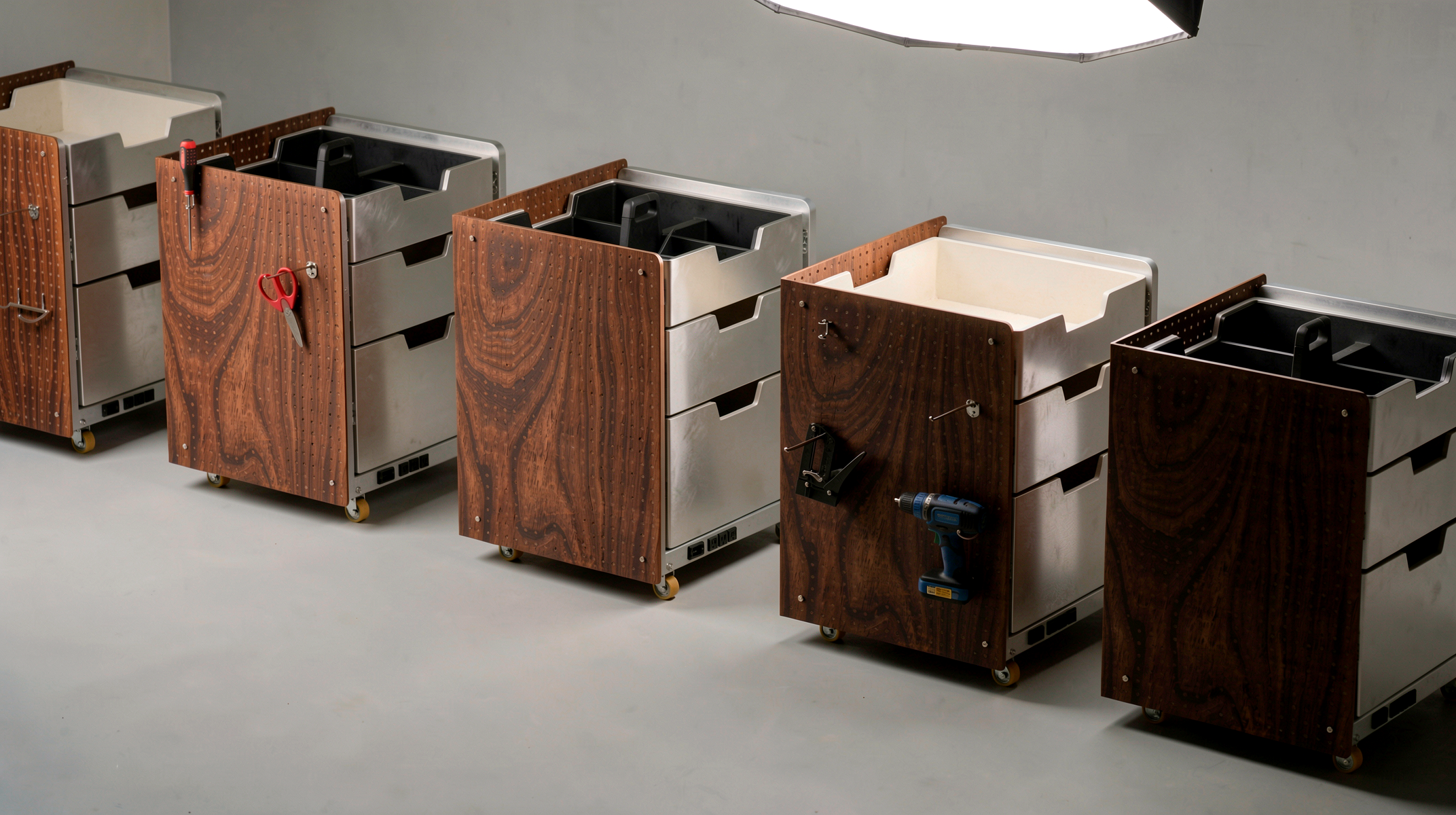 NOMAD DRAWER — four units in a row, studio setting, varied drawer configurations and colorways