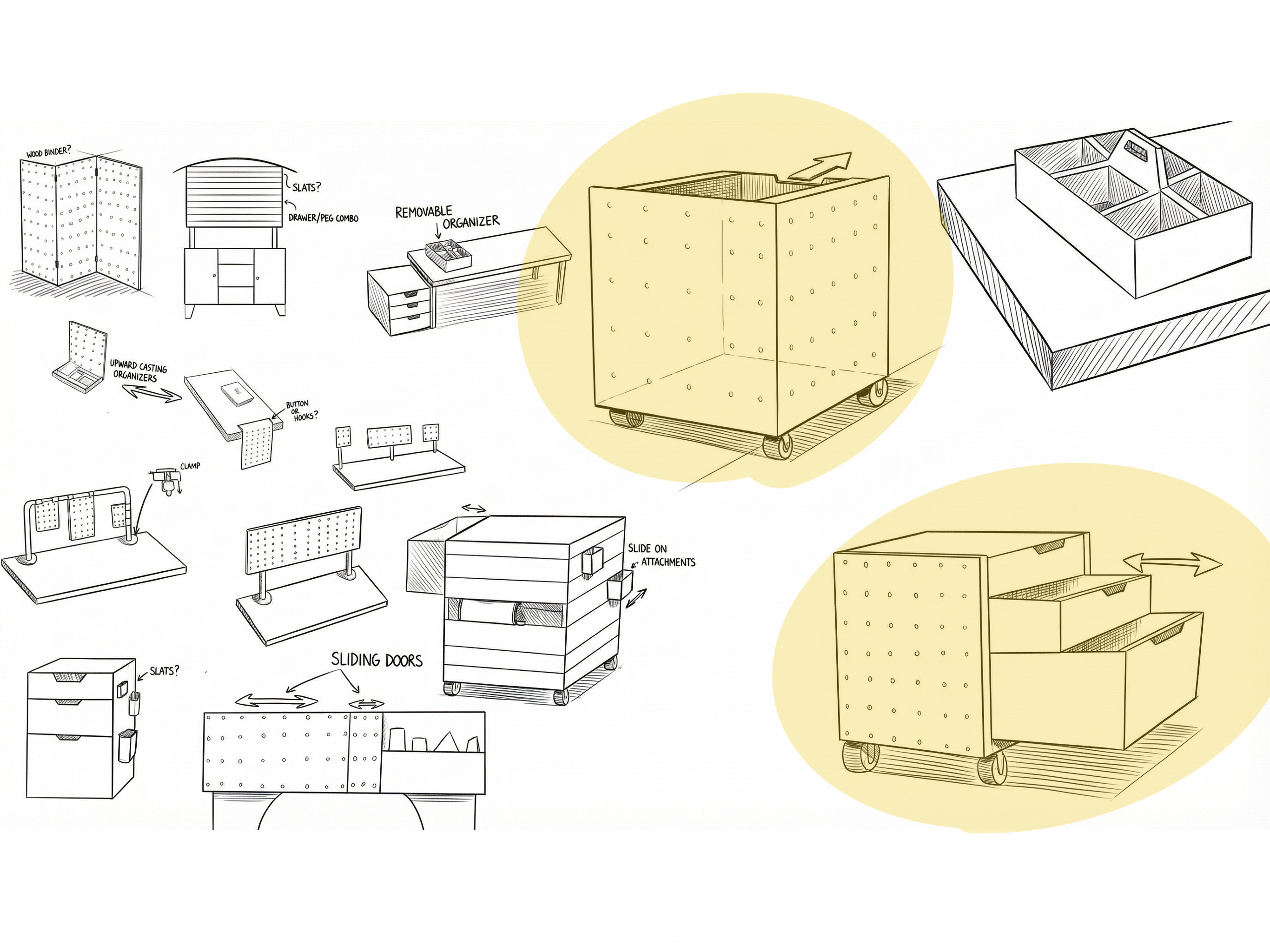 NOMAD DRAWER concept ideation spread — multiple early directions explored in sketch form, two finalist concepts highlighted