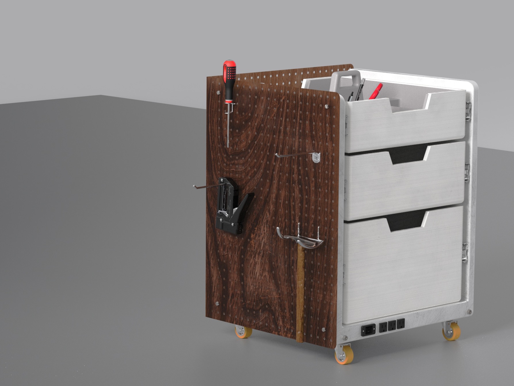 NOMAD DRAWER pegboard side panel close-up — steel hooks in flexible arrangement, tools hanging in reconfigurable layout