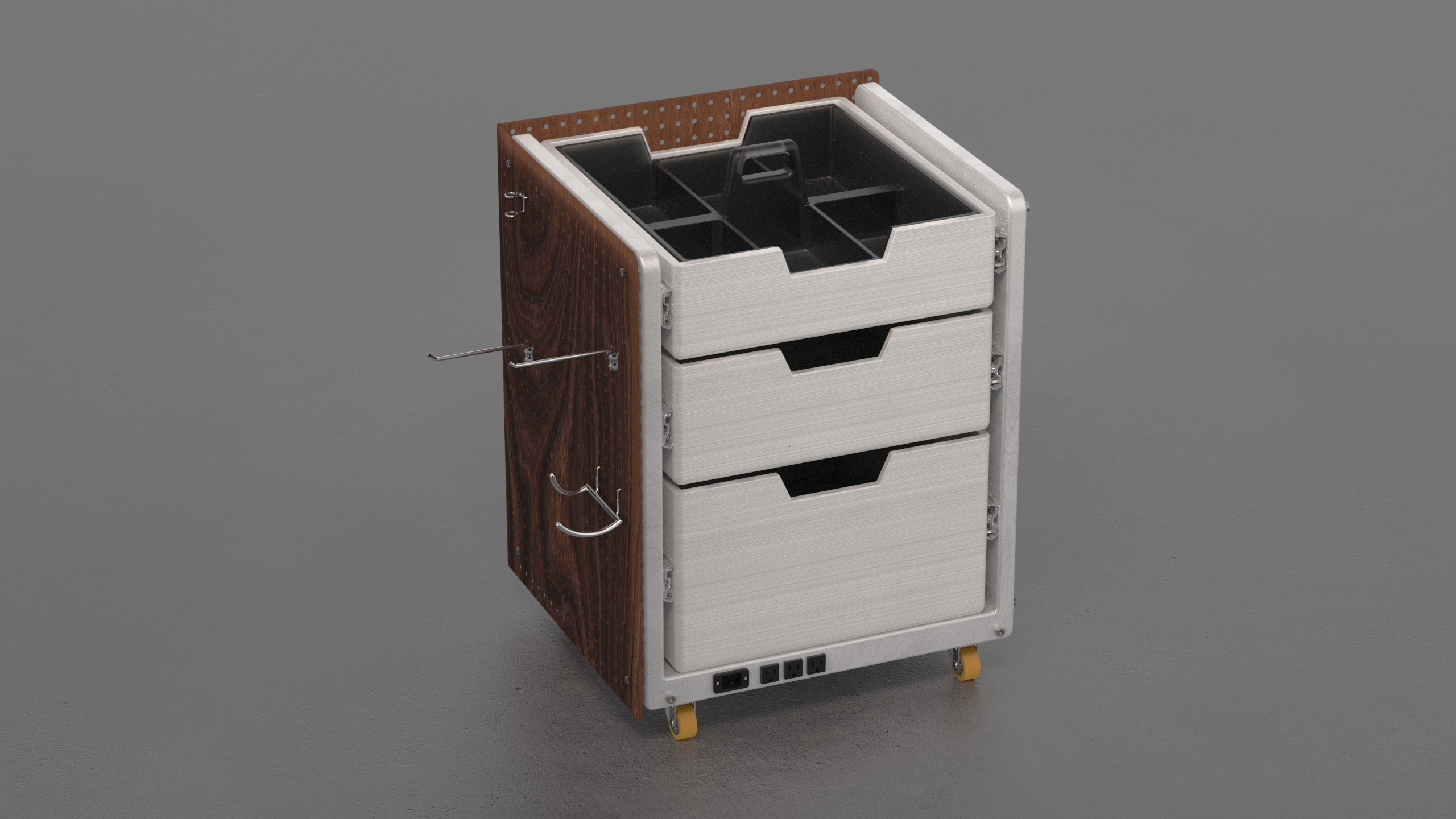 NOMAD DRAWER — hero studio render, walnut and aluminum, full unit