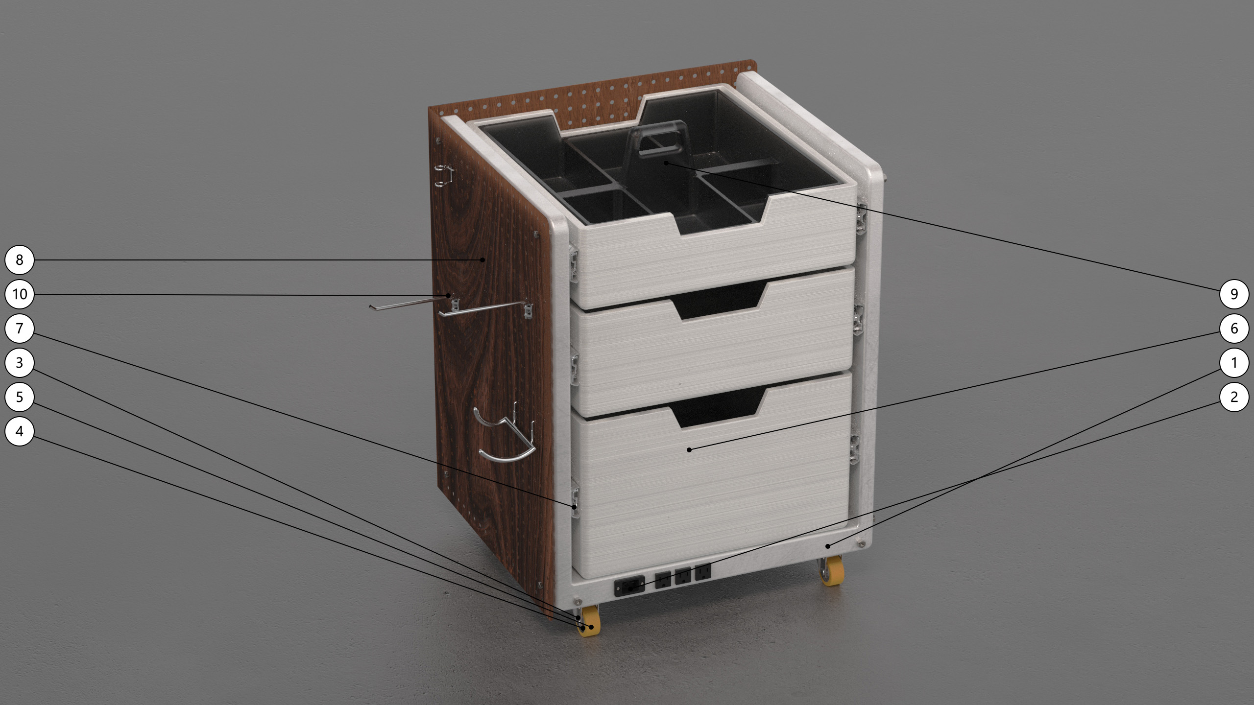 NOMAD DRAWER CMF and feature callout render — walnut shell, aluminum extrusion frame, steel pegboard panels with material annotations