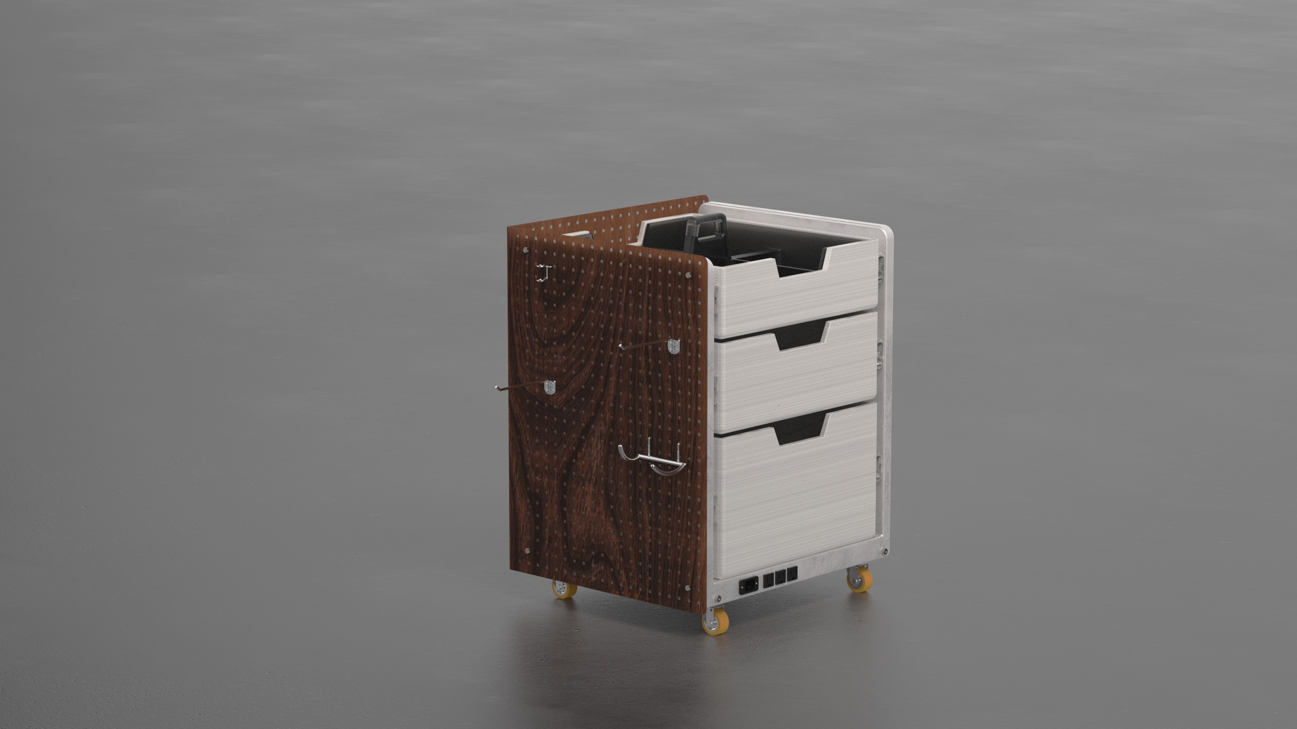 NOMAD DRAWER — clean final product render on neutral background, walnut and aluminum, drawers closed, pegboard panels visible