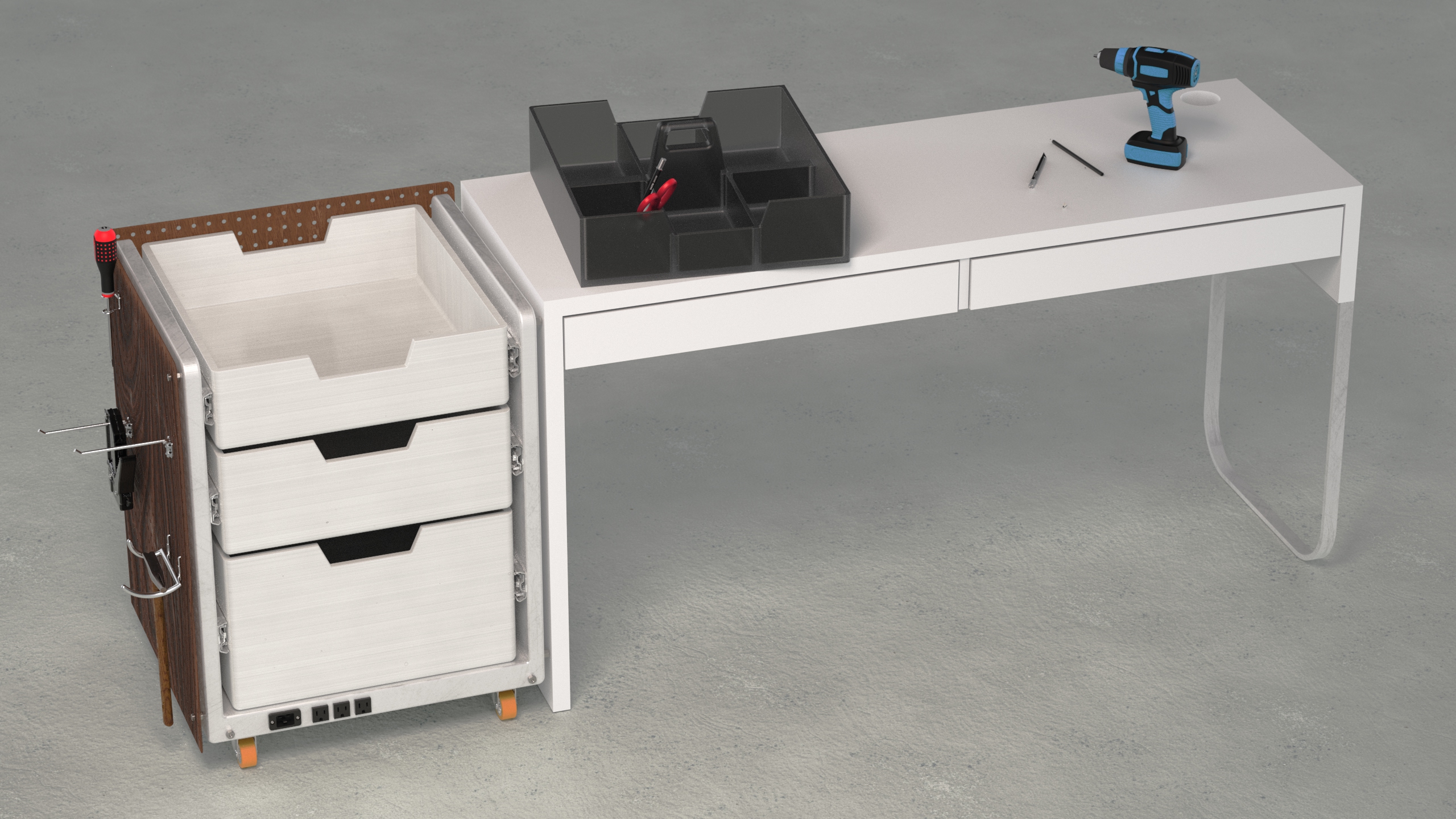 NOMAD DRAWER in a workshop context — unit positioned in use with tools visible on pegboard side panels