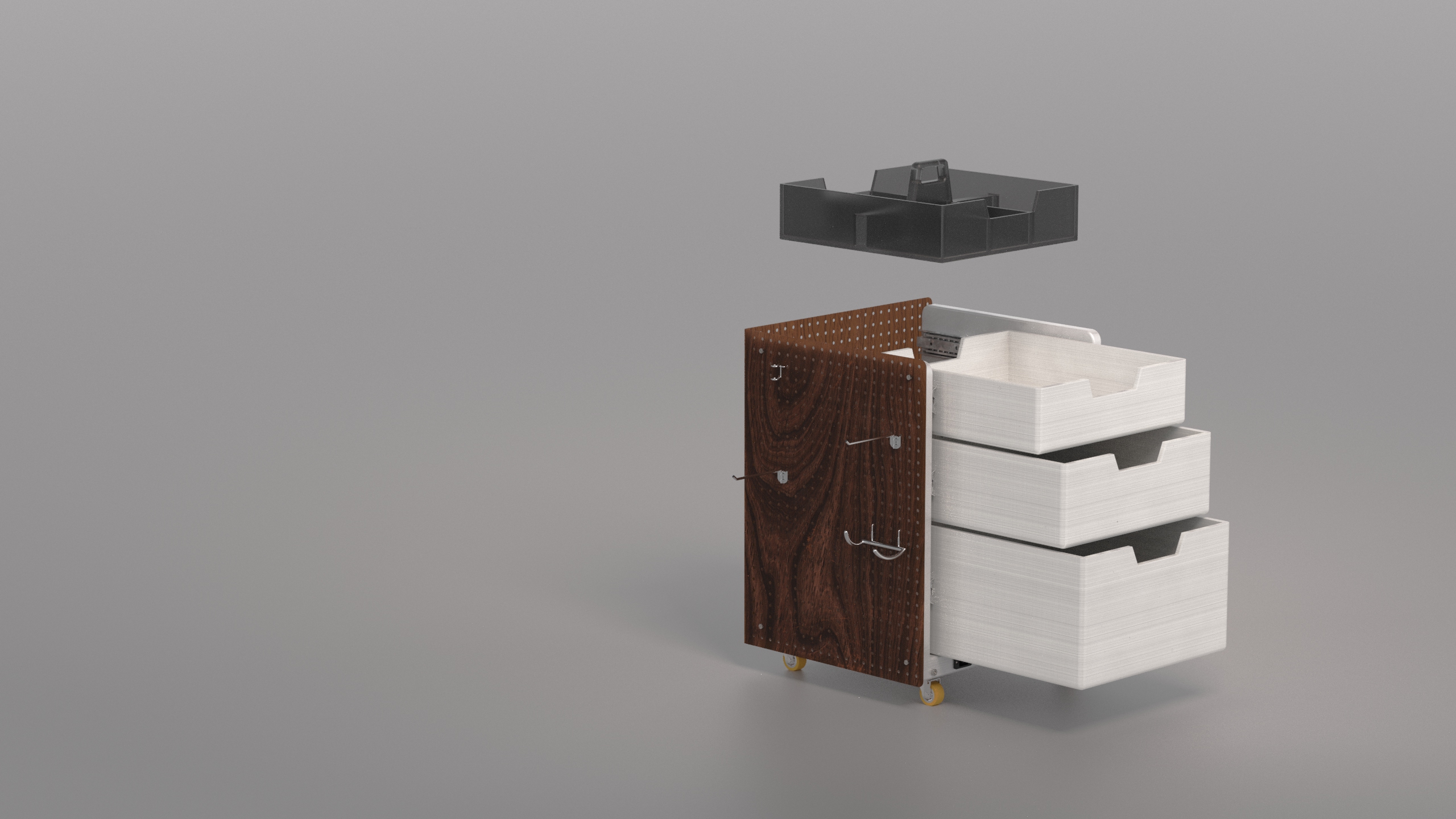NOMAD DRAWER exploded view — drawer system, pegboard side panels, aluminum frame, locking casters separated along the unit's vertical axis