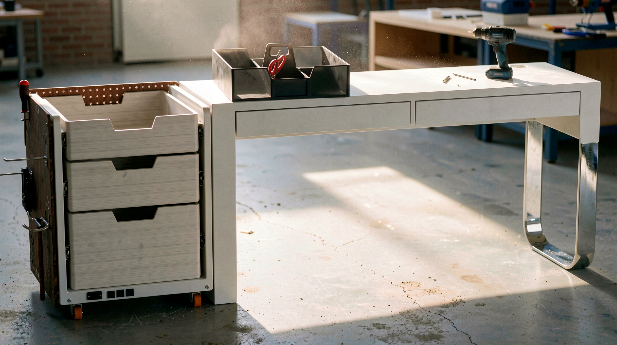 NOMAD DRAWER in a professional maker environment — second lifestyle render showing the unit from a different angle
