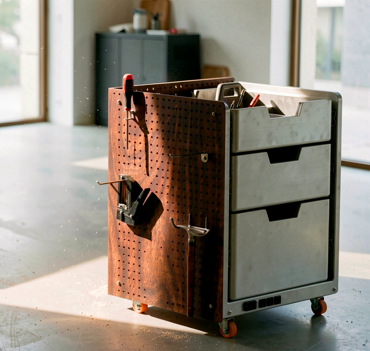 NOMAD DRAWER in a workshop environment — lifestyle render showing the unit in active use with tools on pegboard panels
