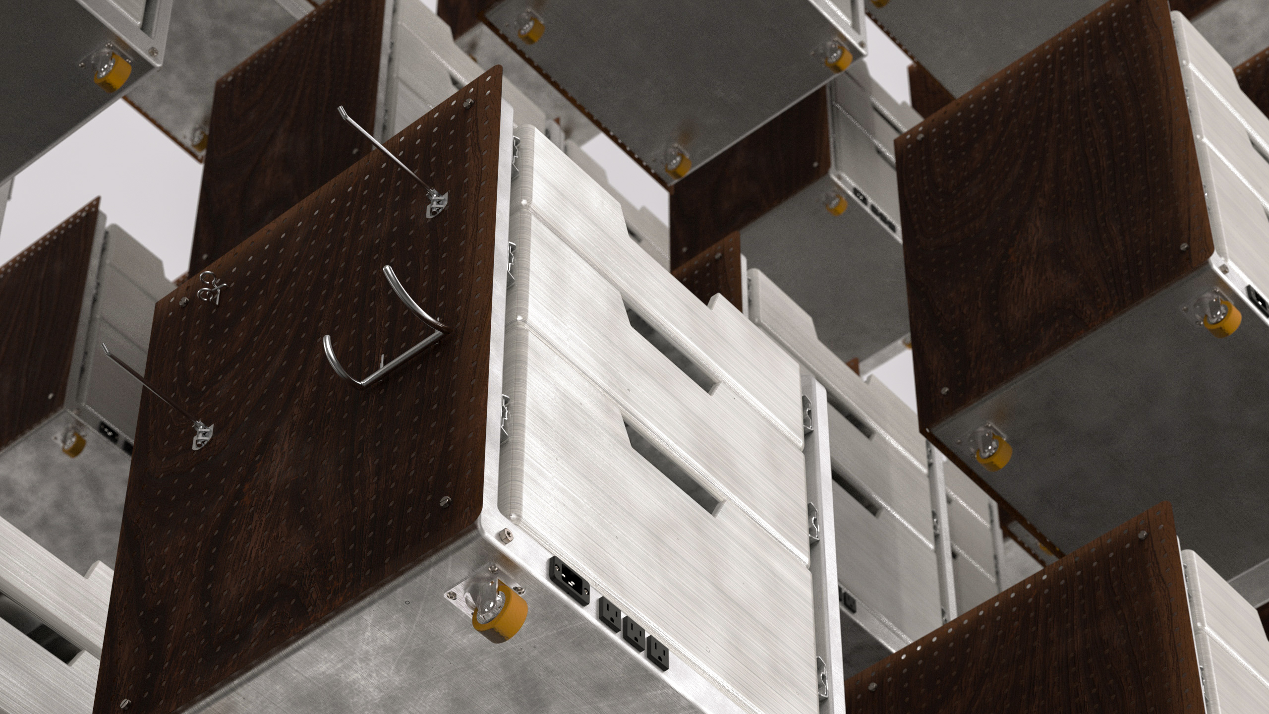 NOMAD DRAWER pattern render — repeated unit views showing the pegboard detail and material texture across multiple layout positions