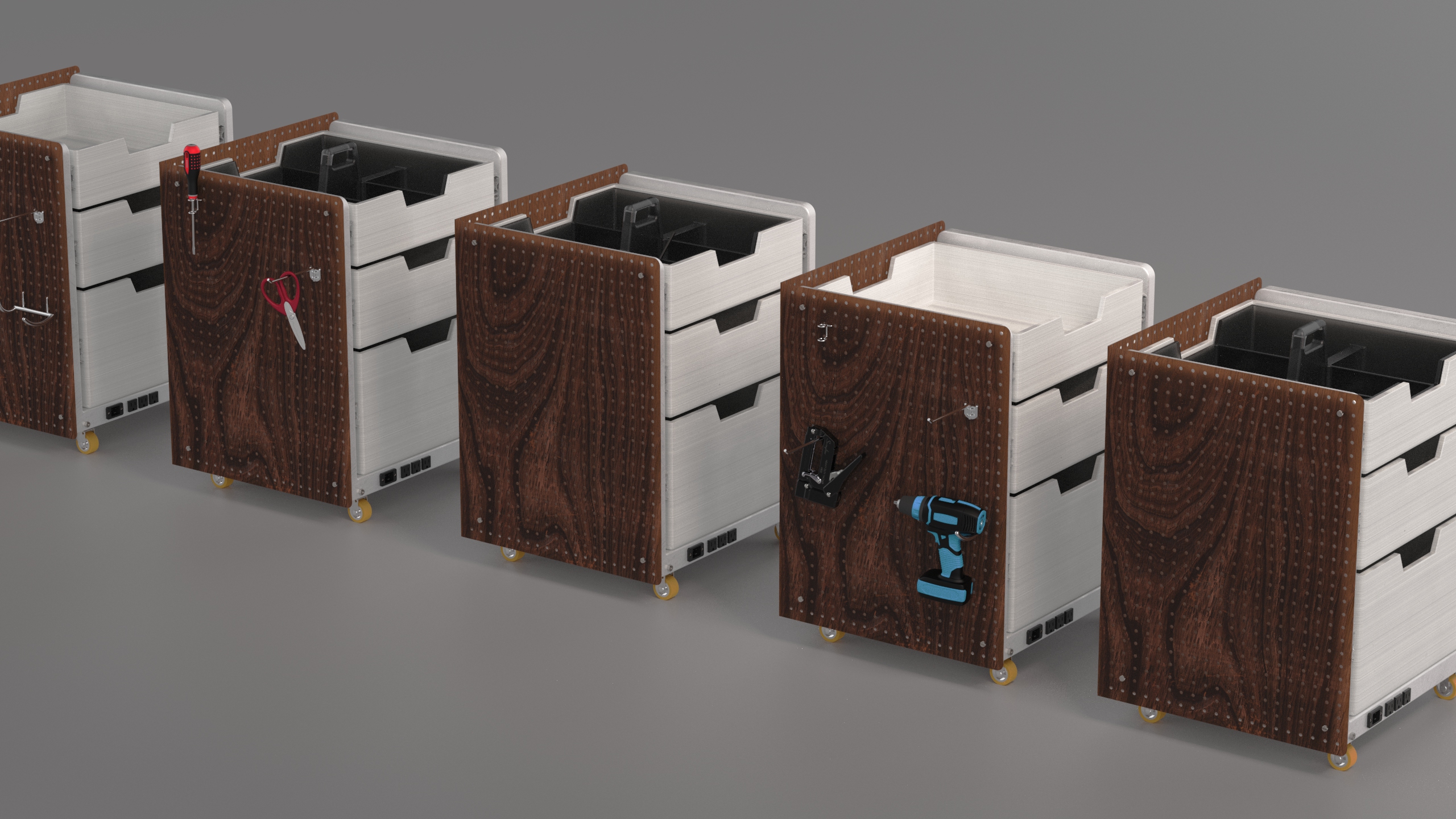 NOMAD DRAWER multiple-angle render spread — front, three-quarter, and side views of the unit showing the full form from different perspectives