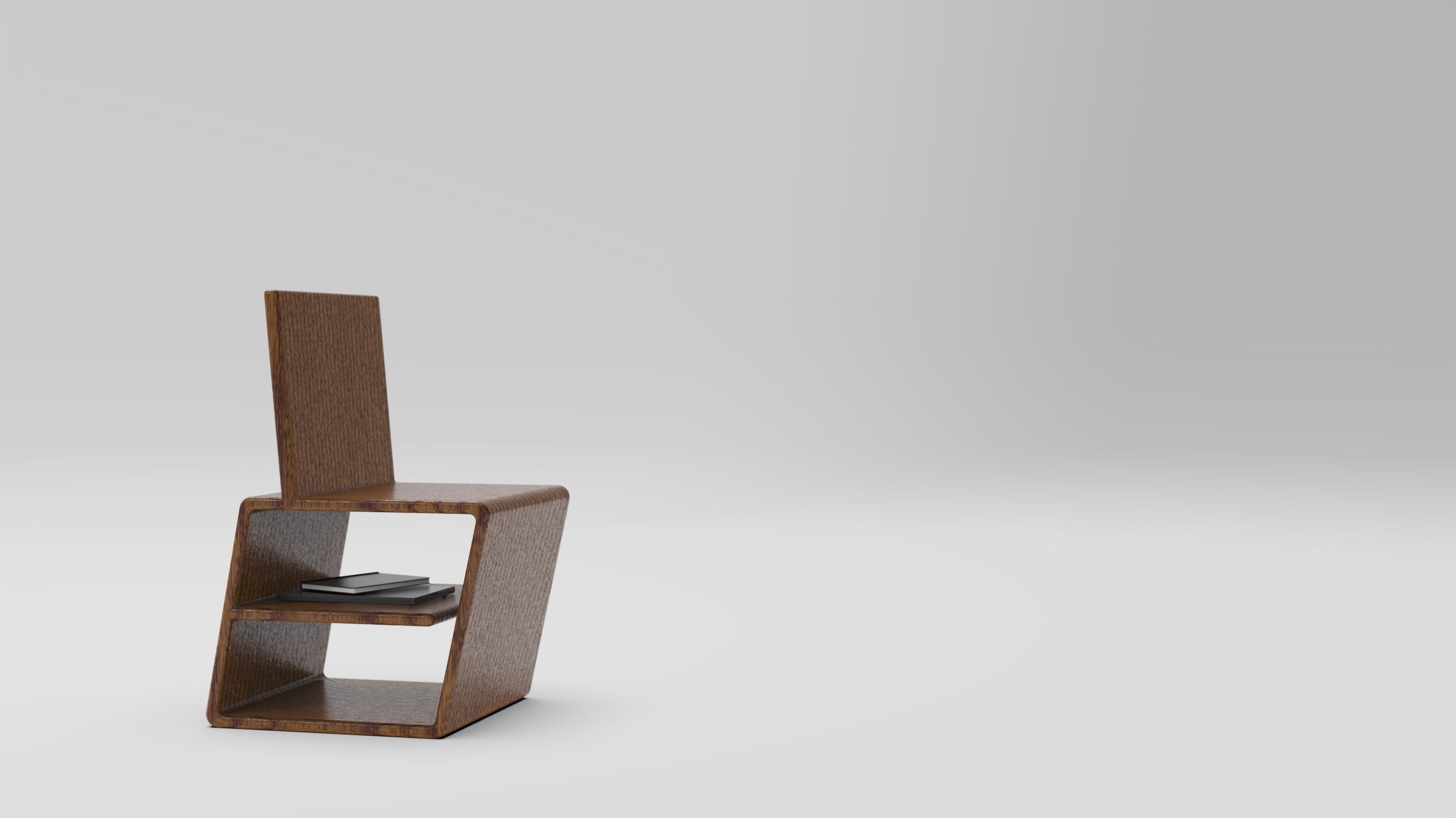 ZAG Chair — studio render, dark walnut, 3/4 view showing Z-profile and integrated undershelf with book