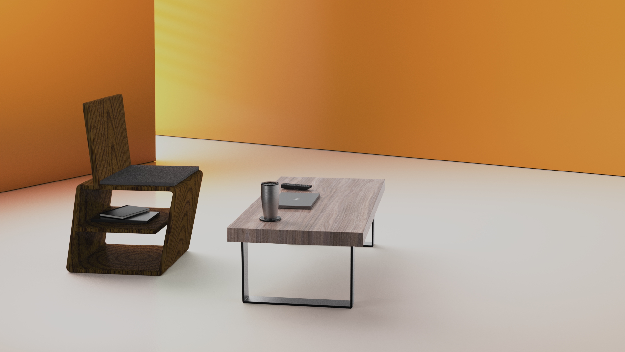 ZAG Chair — warm lifestyle render with amber background, chair alongside coffee table, book visible on undershelf