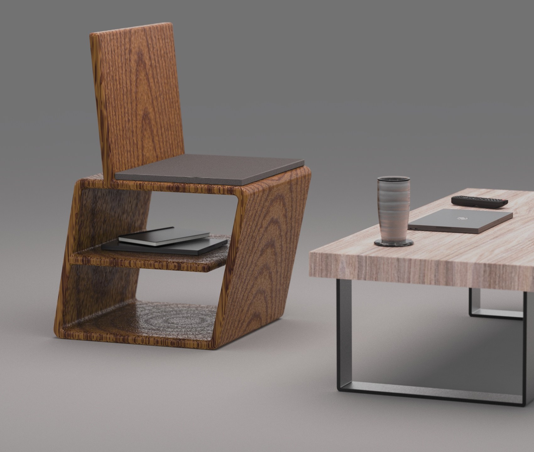 ZAG Chair — lifestyle render, warm grey setting, books on undershelf