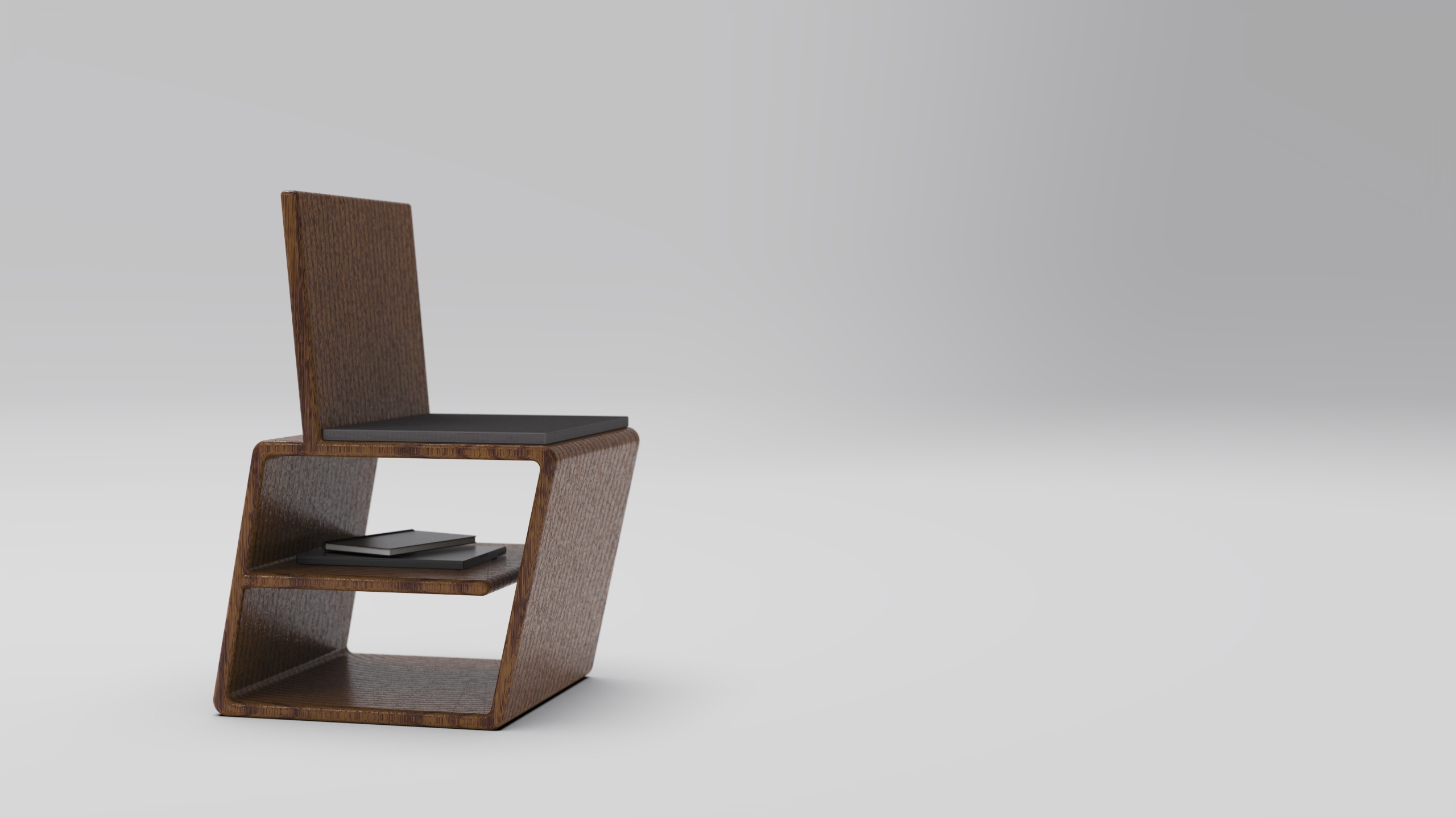 ZAG Chair — studio render, 3/4 front view showing the Z-profile, undershelf with books, and dark fabric cushion